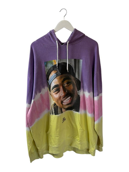 Tie-dye hoodie with a graphic of a smiling 2pac on a hanger against a white background