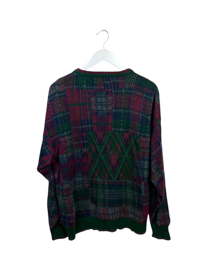 The Italian Sweater Co Mens Green Fair Isle Plaid Crewneck Wool Sweater L