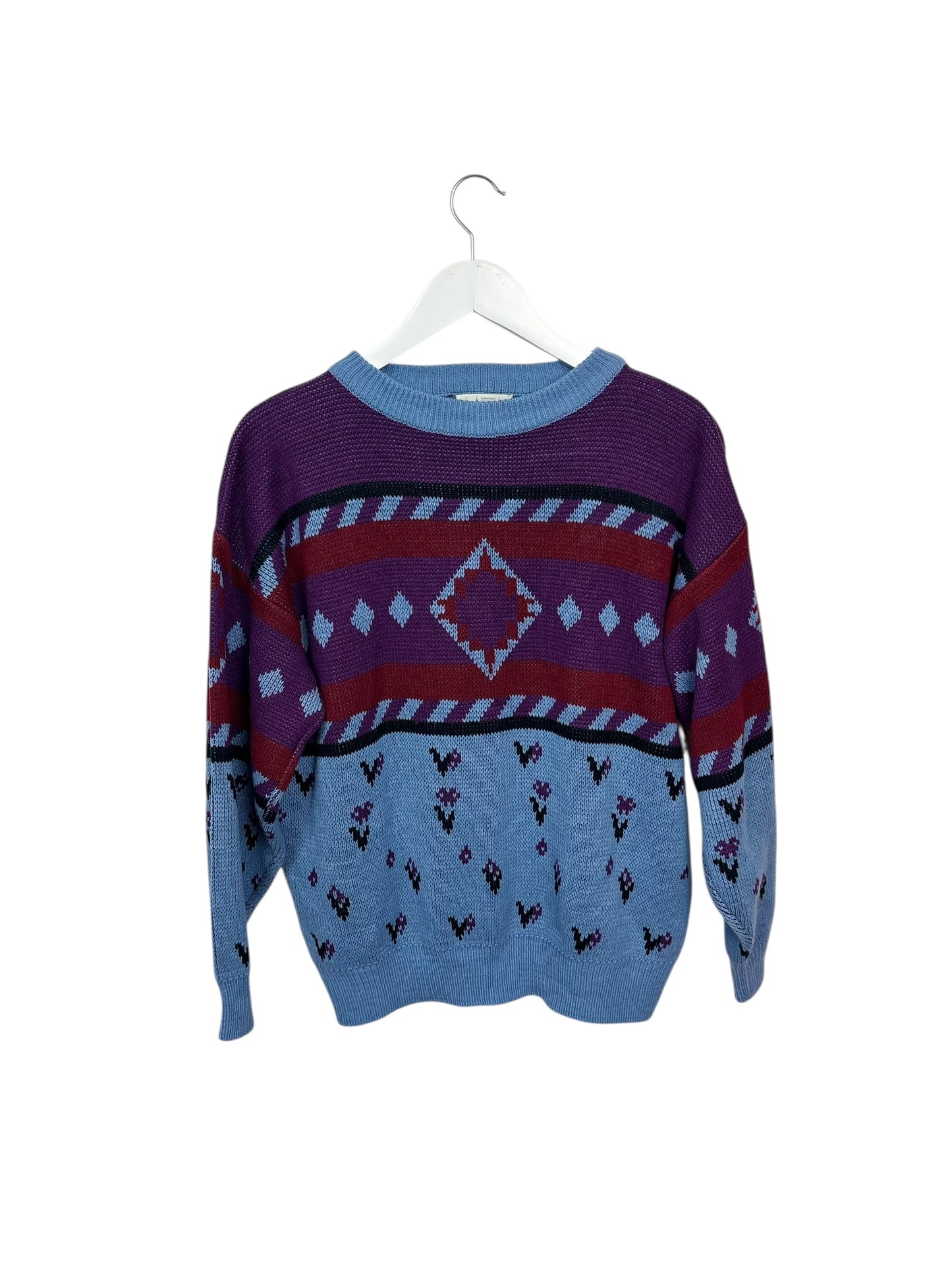 Château Unisex 80s Purple Geometric Knit Crewneck Acrylic Sweater Medium