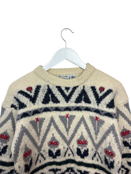 Vintage Bellini Australia Womens Cream Geometric Pattern Wool Crewneck Sweater M