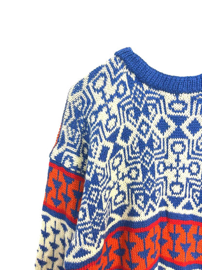 Vintage 90s Aztec Men's Sweater Geometric Patterns Blue Orange Multi-colour  XL