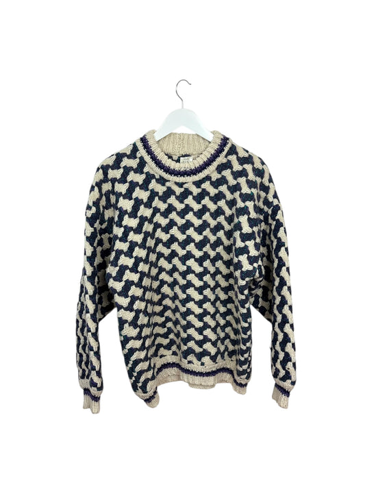 La Paz 90s Mens Purple Geometric Pattern Wool Knit Sweater Cream L