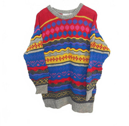 Vintage 90's Crescendo Women's Textured Multicolour Pattern Knit Sweater Medium