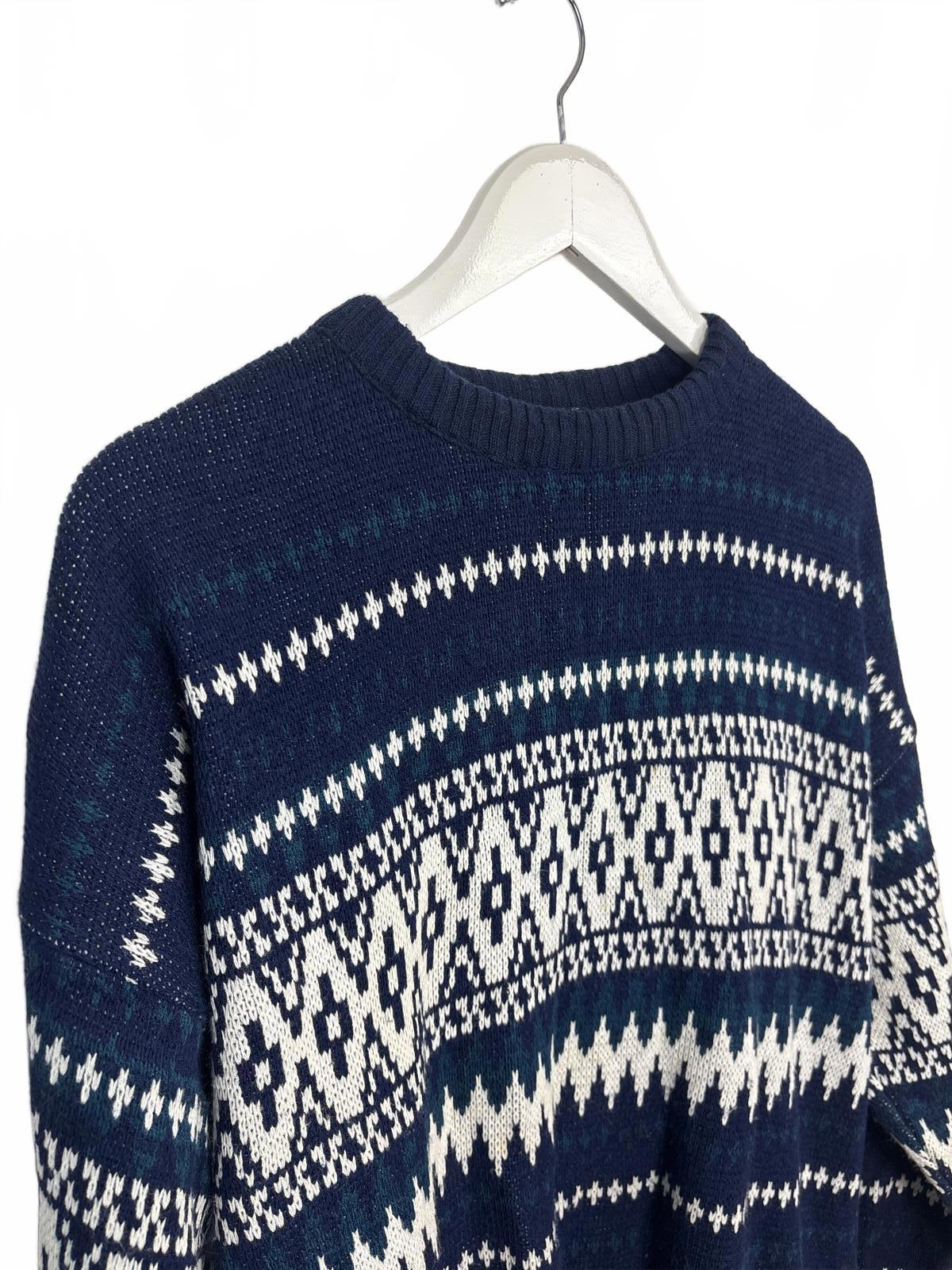 Vintage Oakton Men's Navy White Patterned Knit Sweater XL
