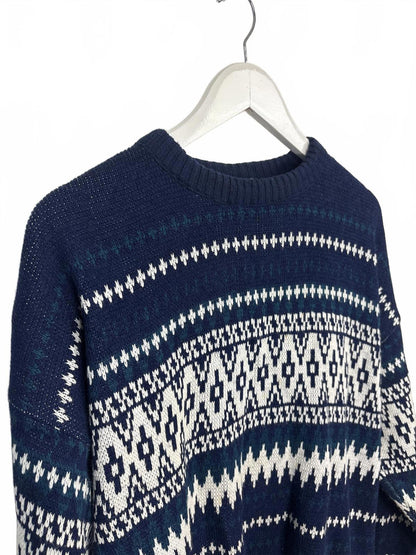 Vintage Oakton Men's Navy White Patterned Knit Sweater XL