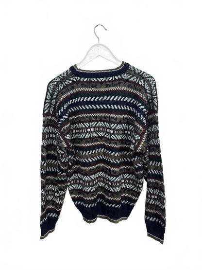 Vintage 90s Honors Geometric Patterned Navy Khaki Crew Neck Sweater M-L