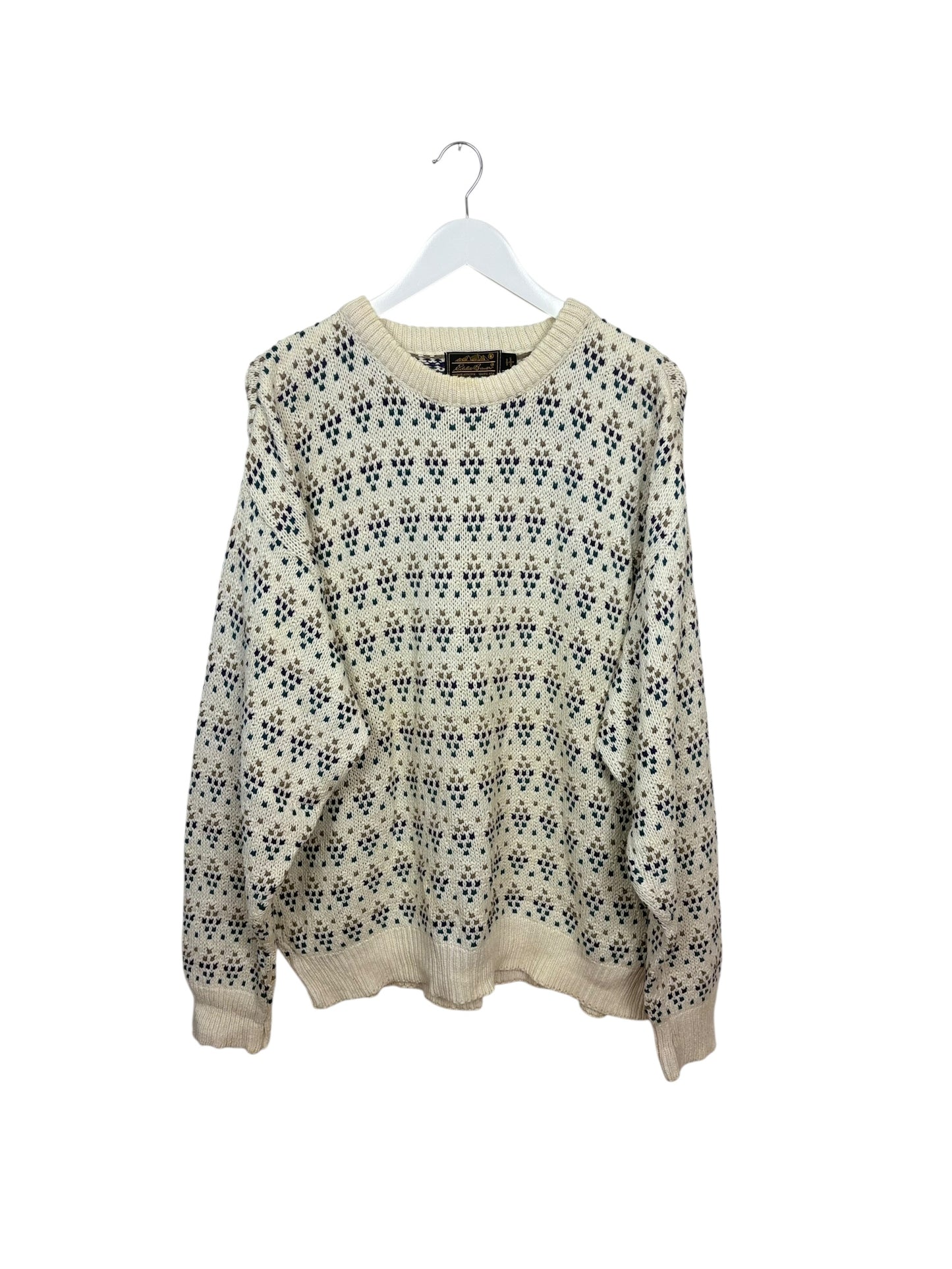 Vintage 90s Eddie Bauer Cream Geometric Knit Crewneck Sweater Size L