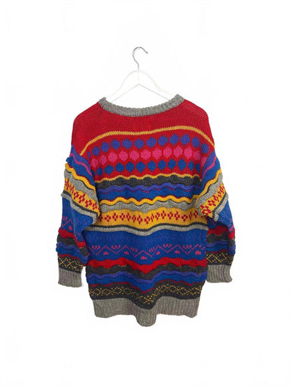 Vintage 90's Crescendo Women's Textured Multicolour Pattern Knit Sweater Medium