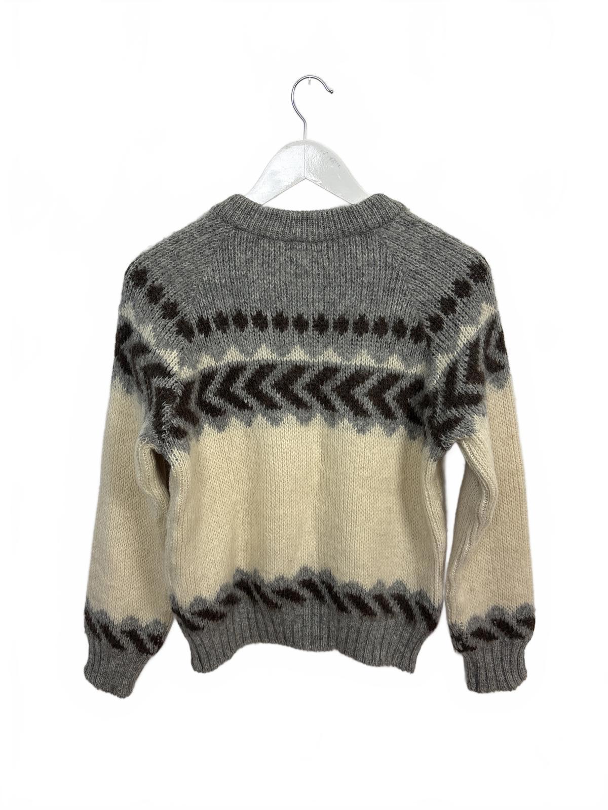 Vintage Brown Bison Women's Grey Cream Patterned Wool Sweater Medium