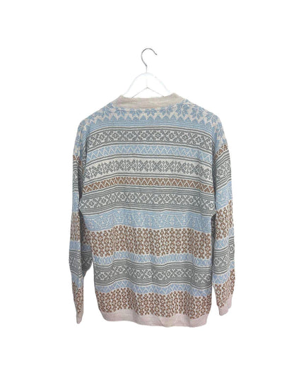 Vintage 90s Womens Blue Beige Brown Stripe Patterned Sweater Medium