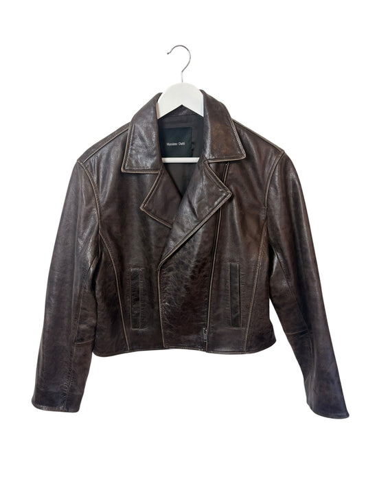 Brown Biker distressed leather jacket on white hanger