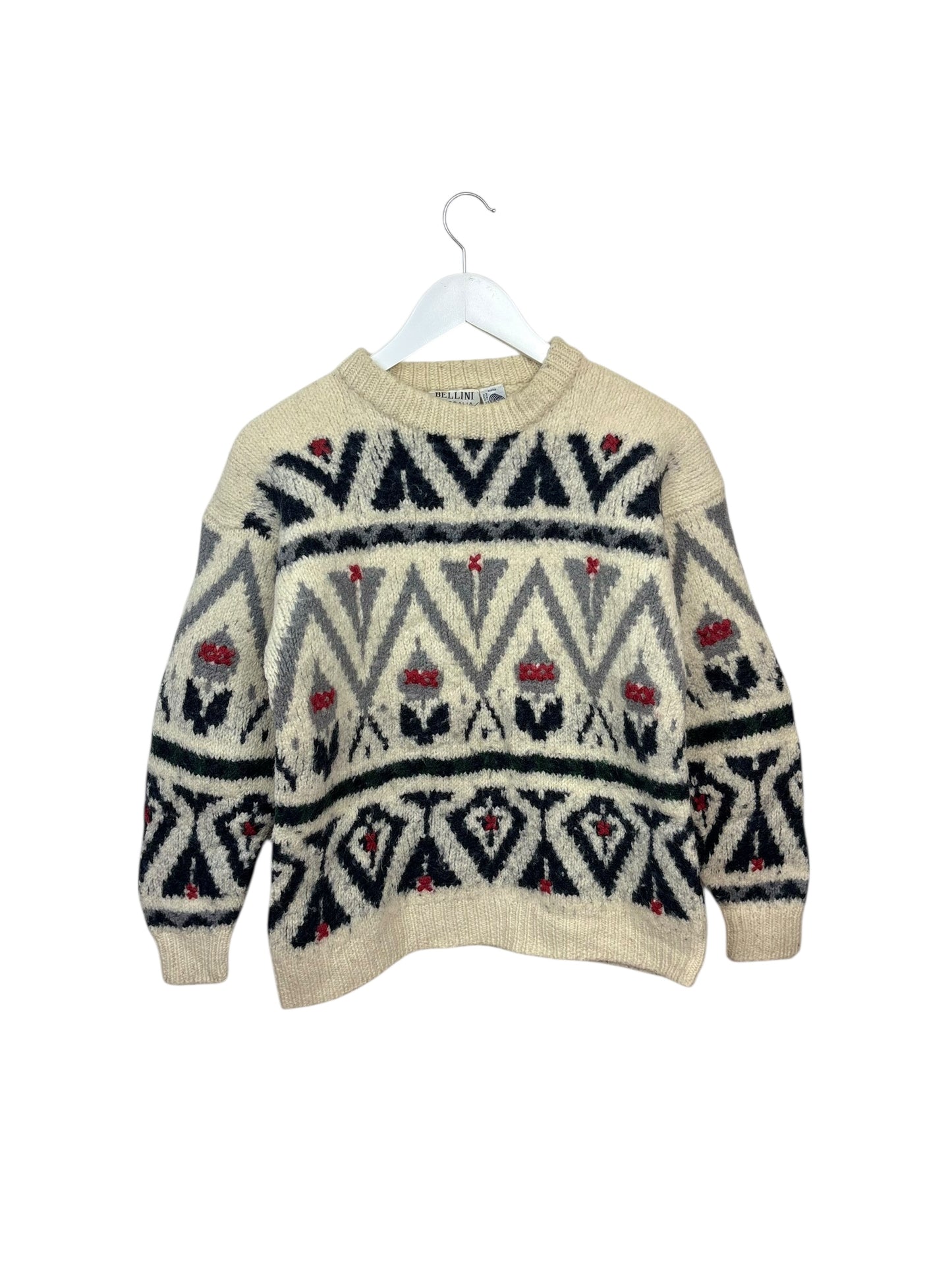 Vintage Bellini Australia Womens Cream Geometric Pattern Wool Crewneck Sweater M