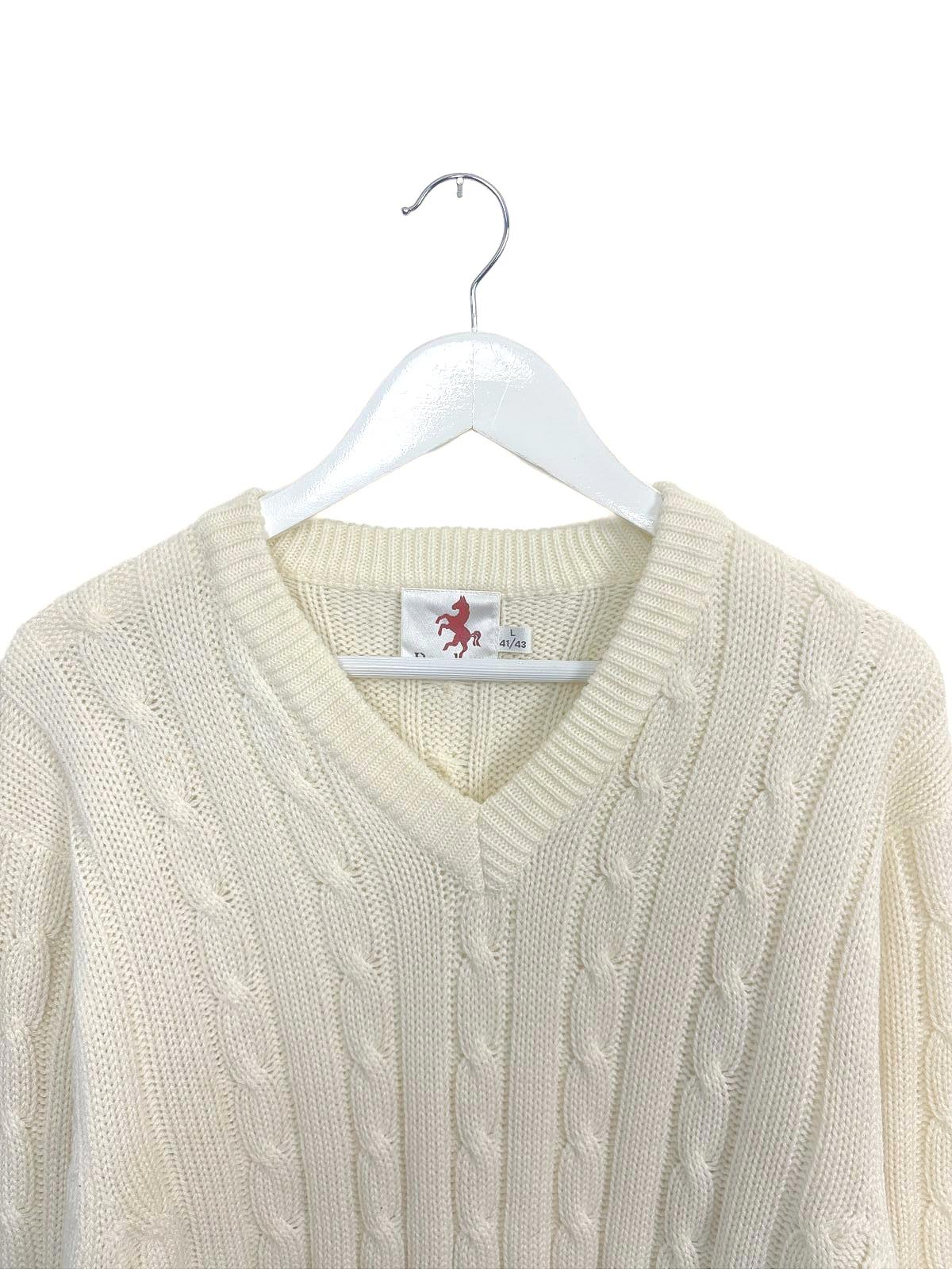 Vintage White Readers Men's Sweater Cream Cable Knit V-Neck Large