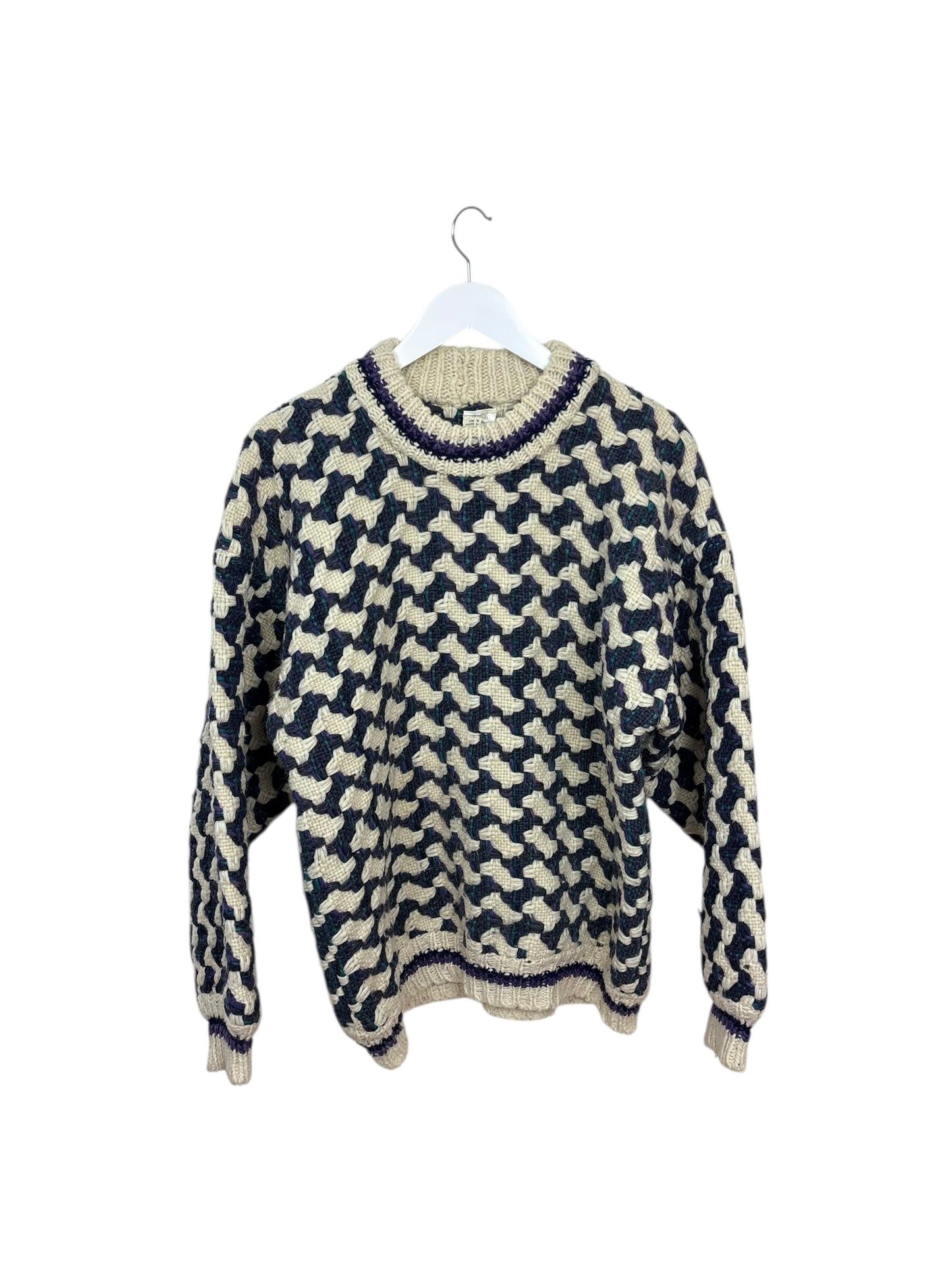 La Paz 90s Mens Purple Geometric Pattern Wool Knit Sweater Cream L