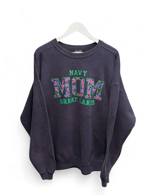 Vintage 90s Navy Mom Womens Sweatshirt Great Lakes Floral Graphic Size XXL