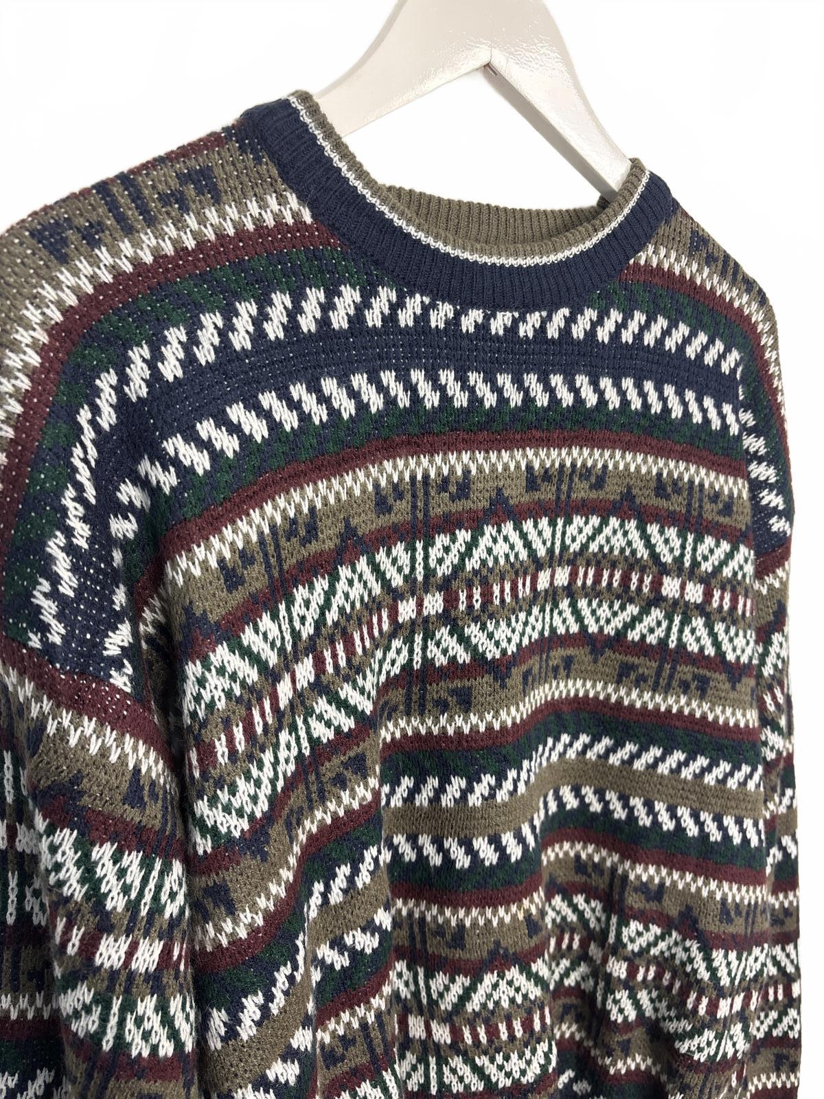 Vintage 90s Honors Geometric Patterned Navy Khaki Crew Neck Sweater M-L