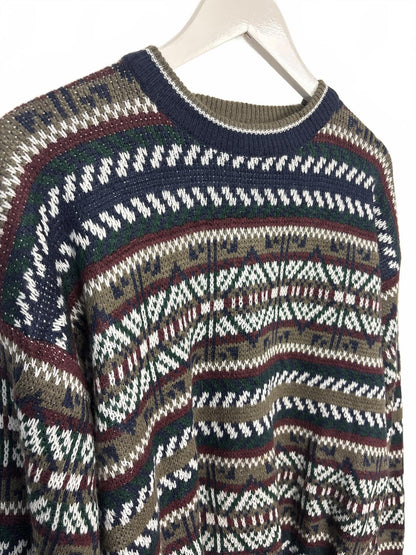Vintage 90s Honors Geometric Patterned Navy Khaki Crew Neck Sweater M-L