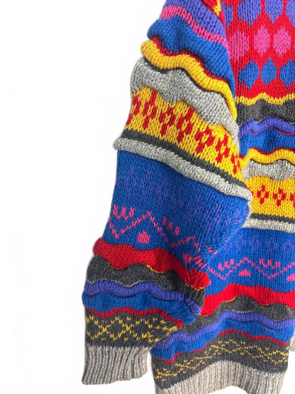 Vintage 90's Crescendo Women's Textured Multicolour Pattern Knit Sweater Medium