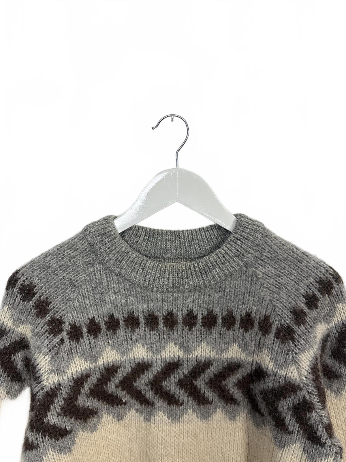 Vintage Brown Bison Women's Grey Cream Patterned Wool Sweater Medium