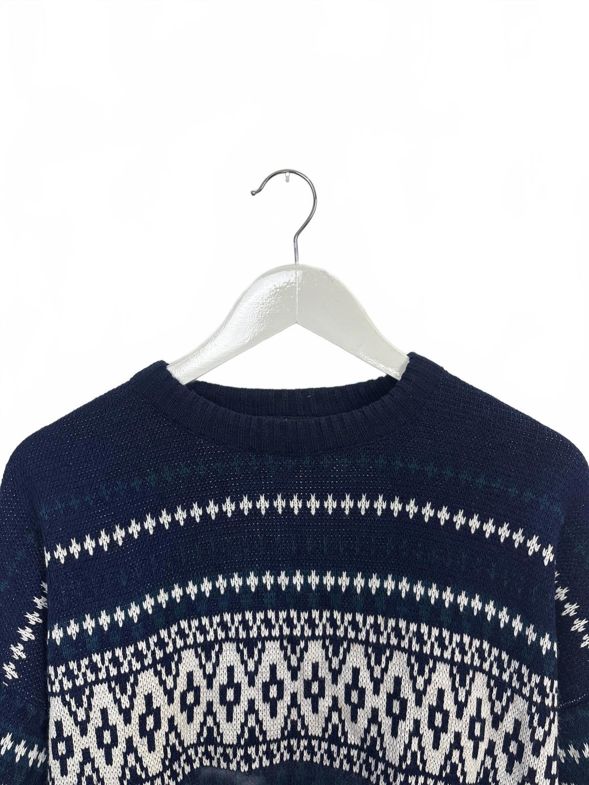 Vintage Oakton Men's Navy White Patterned Knit Sweater XL