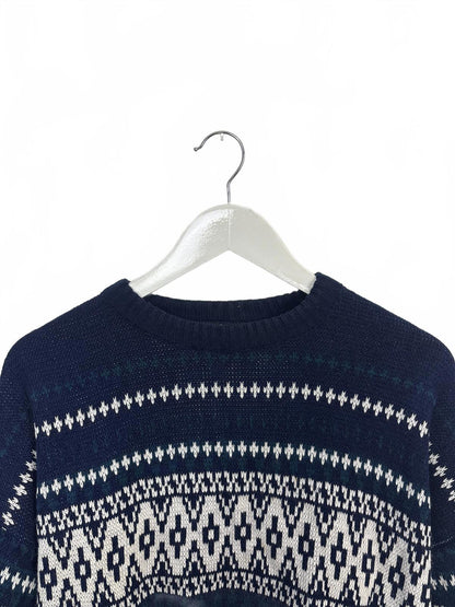 Vintage Oakton Men's Navy White Patterned Knit Sweater XL