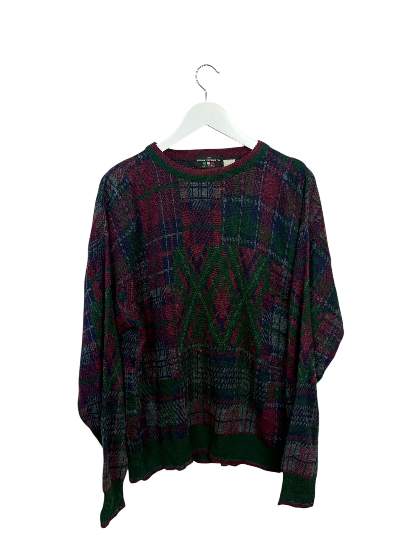 The Italian Sweater Co Mens Green Fair Isle Plaid Crewneck Wool Sweater L