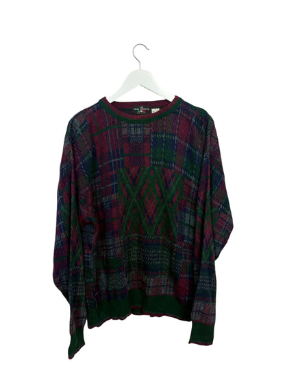 The Italian Sweater Co Mens Green Fair Isle Plaid Crewneck Wool Sweater L