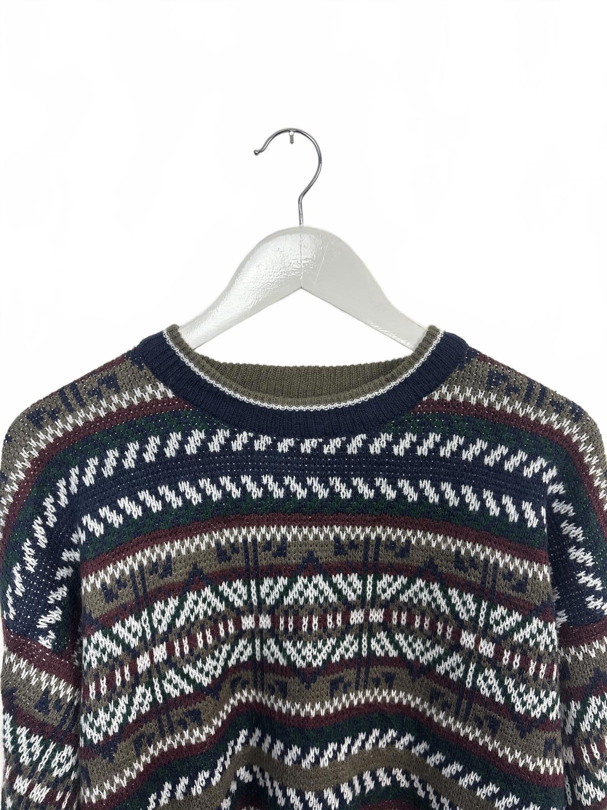 Vintage 90s Honors Geometric Patterned Navy Khaki Crew Neck Sweater M-L