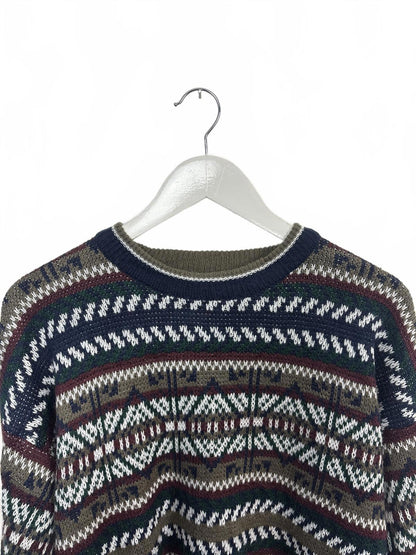 Vintage 90s Honors Geometric Patterned Navy Khaki Crew Neck Sweater M-L