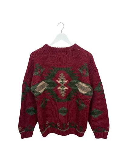 Vintage Eddie Bauer 90s Burgundy Aztec Thick Knit Sweater Size L