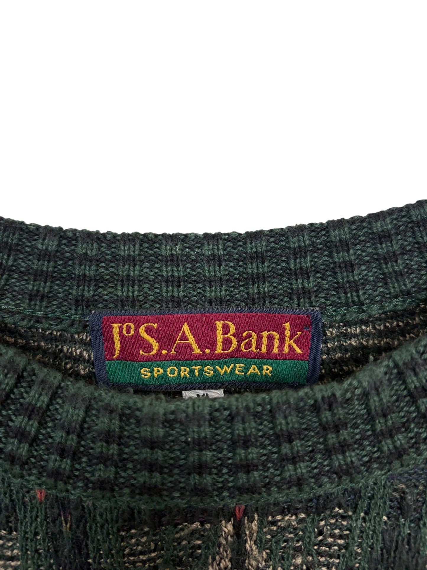 JS. A. Bank Mens 90s Green Geometric Pattern Crewneck Sweater Size XL