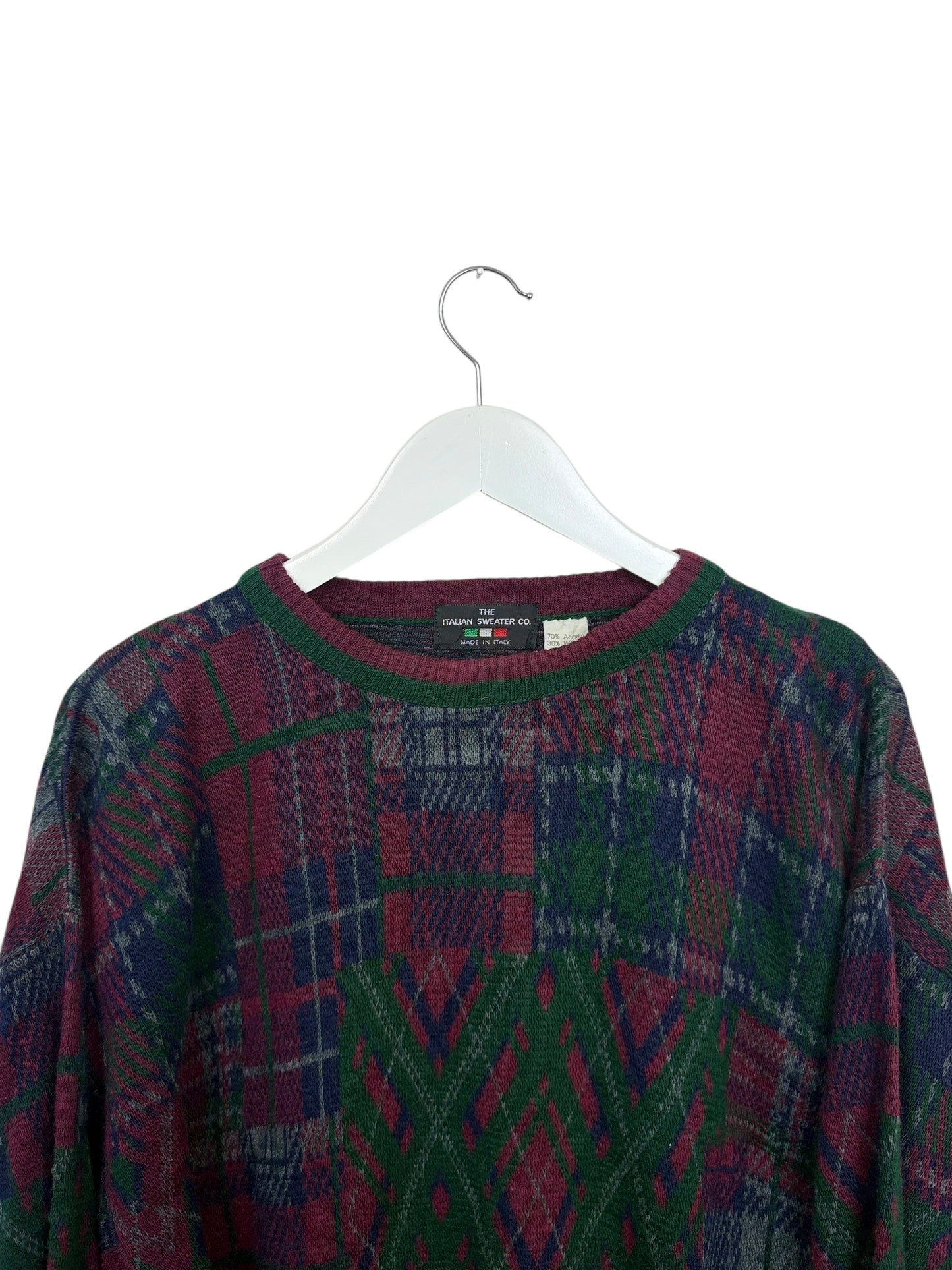 The Italian Sweater Co Mens Green Fair Isle Plaid Crewneck Wool Sweater L