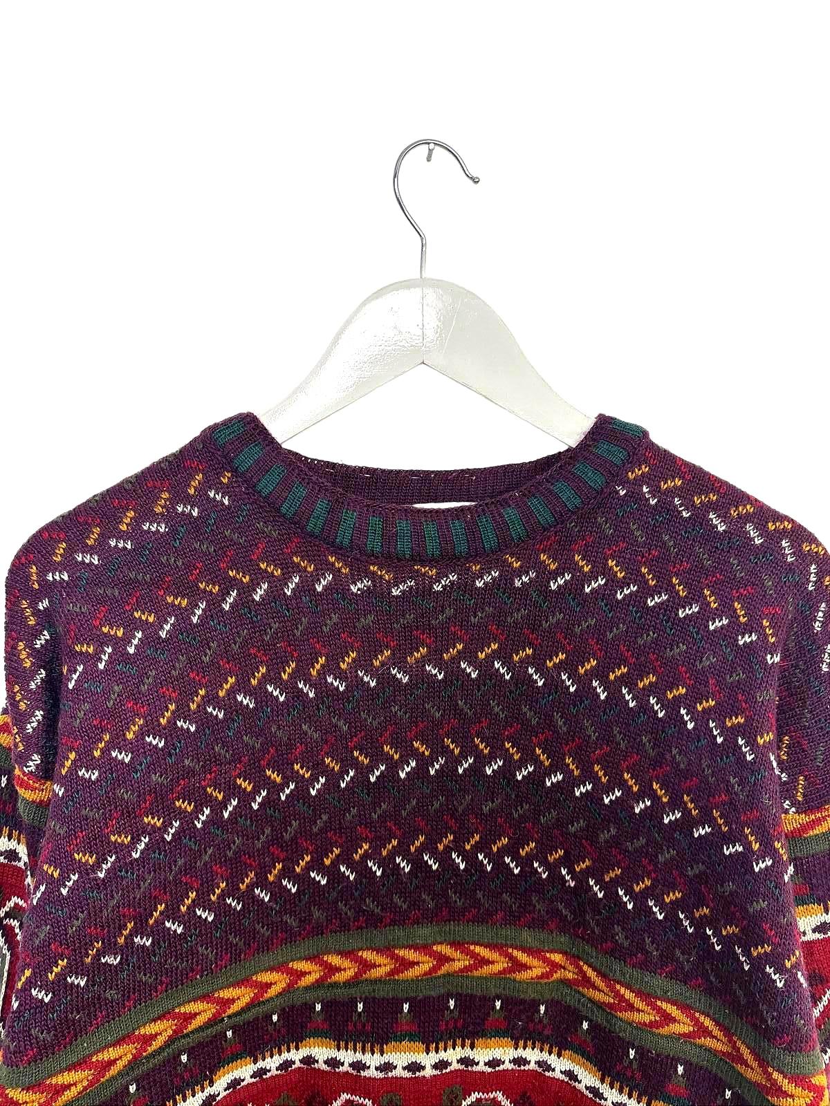Vintage 90's Choice Men's Unisex Festive Knitted Sweater Burgundy Pattern Medium