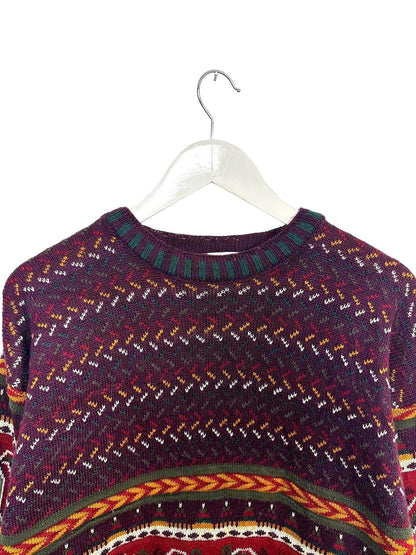 Vintage 90's Choice Men's Unisex Festive Knitted Sweater Burgundy Pattern Medium