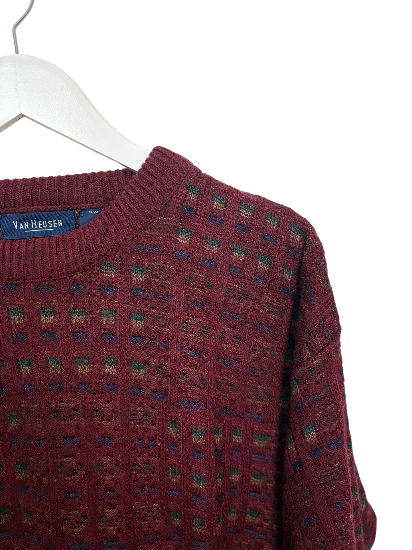 Van Heusen Mens Burgundy Geometric Knit Crewneck Acrylic Sweater Size M