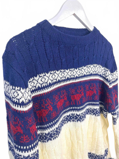 Vintage Collection Women's Navy Cream Crew Neck Knit Sweater Medium