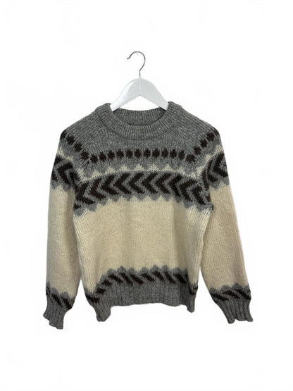 Vintage Brown Bison Women's Grey Cream Patterned Wool Sweater Medium