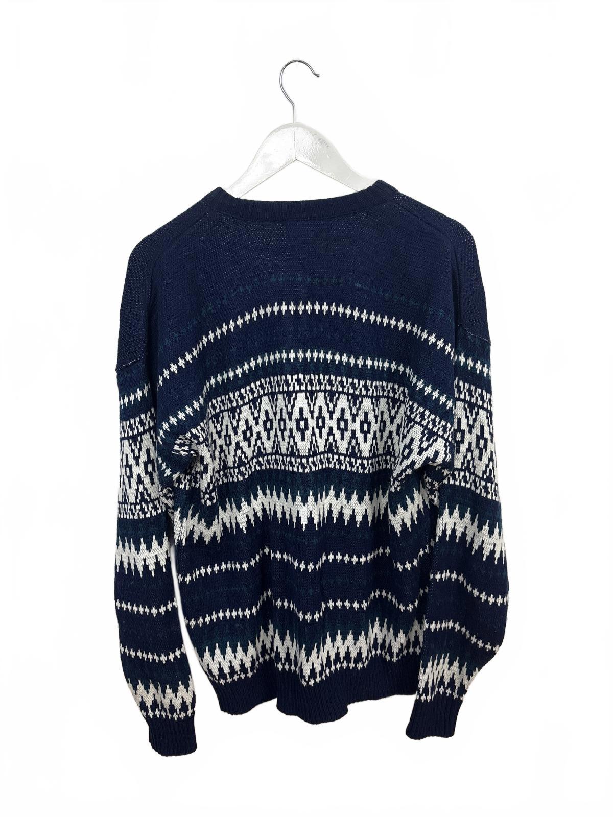 Vintage Oakton Men's Navy White Patterned Knit Sweater XL