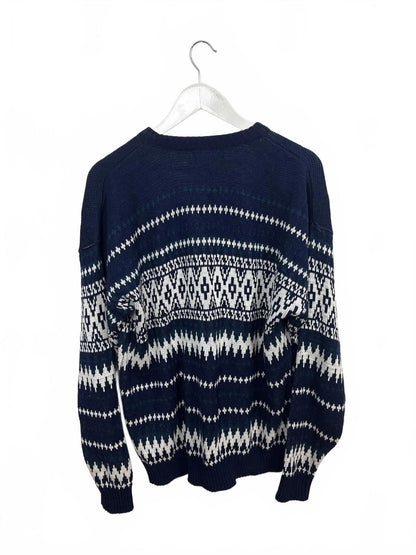 Vintage Oakton Men's Navy White Patterned Knit Sweater XL