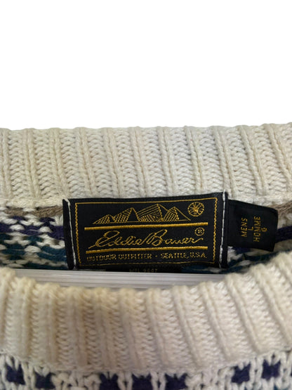 Vintage 90s Eddie Bauer Cream Geometric Knit Crewneck Sweater Size L