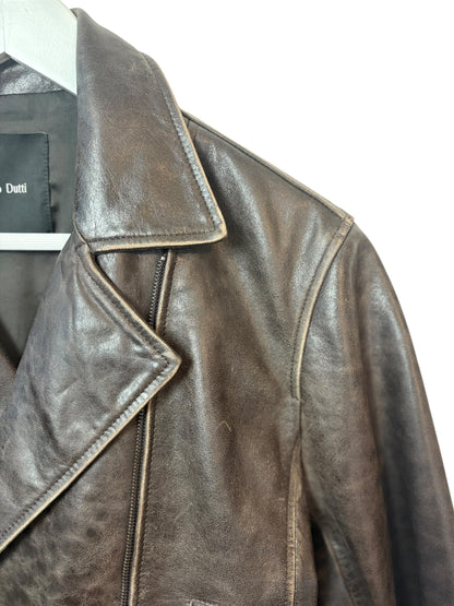 Massimo Dutti Womens Brown Distressed Leather Biker Moto Jacket Size S