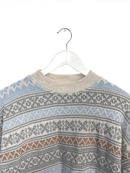 Vintage 90s Womens Blue Beige Brown Stripe Patterned Sweater Medium