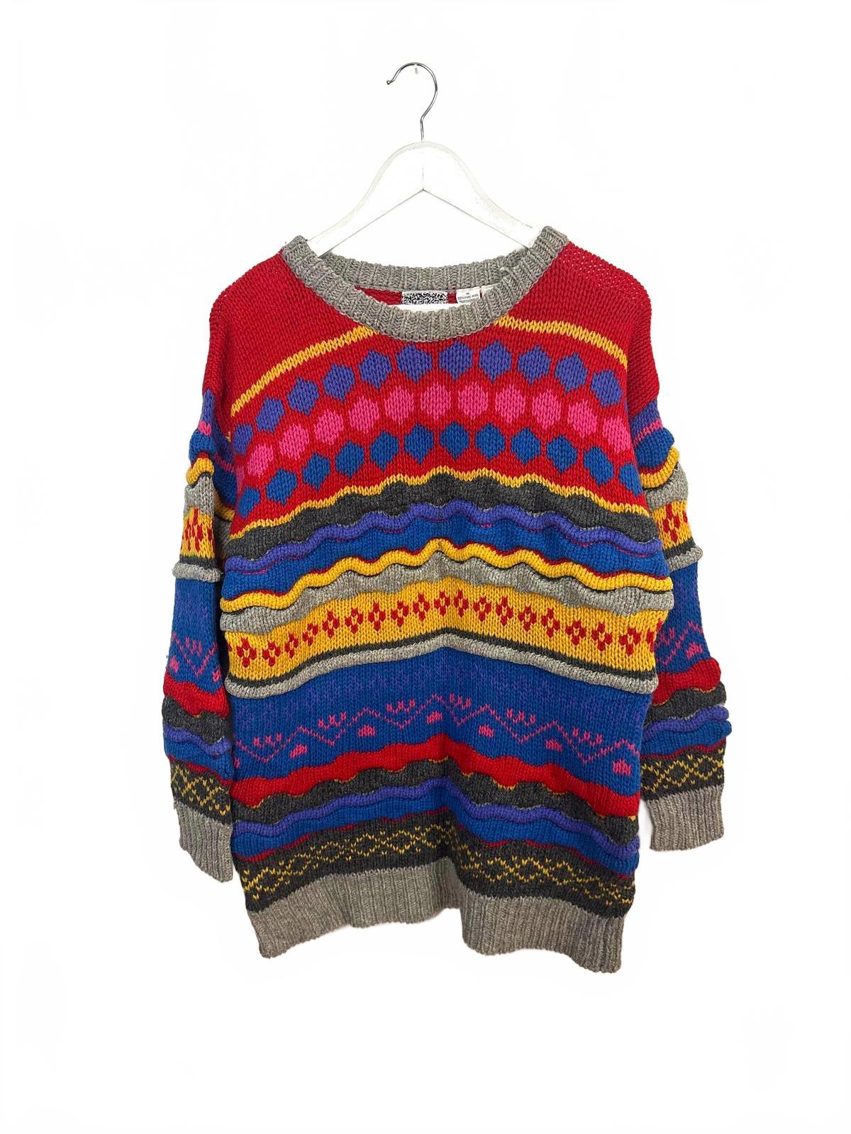 Vintage 90's Crescendo Women's Textured Multicolour Pattern Knit Sweater Medium