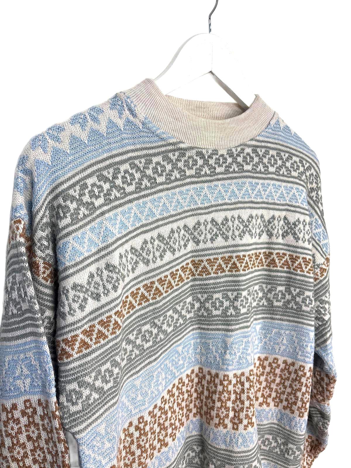 Vintage 90s Womens Blue Beige Brown Stripe Patterned Sweater Medium