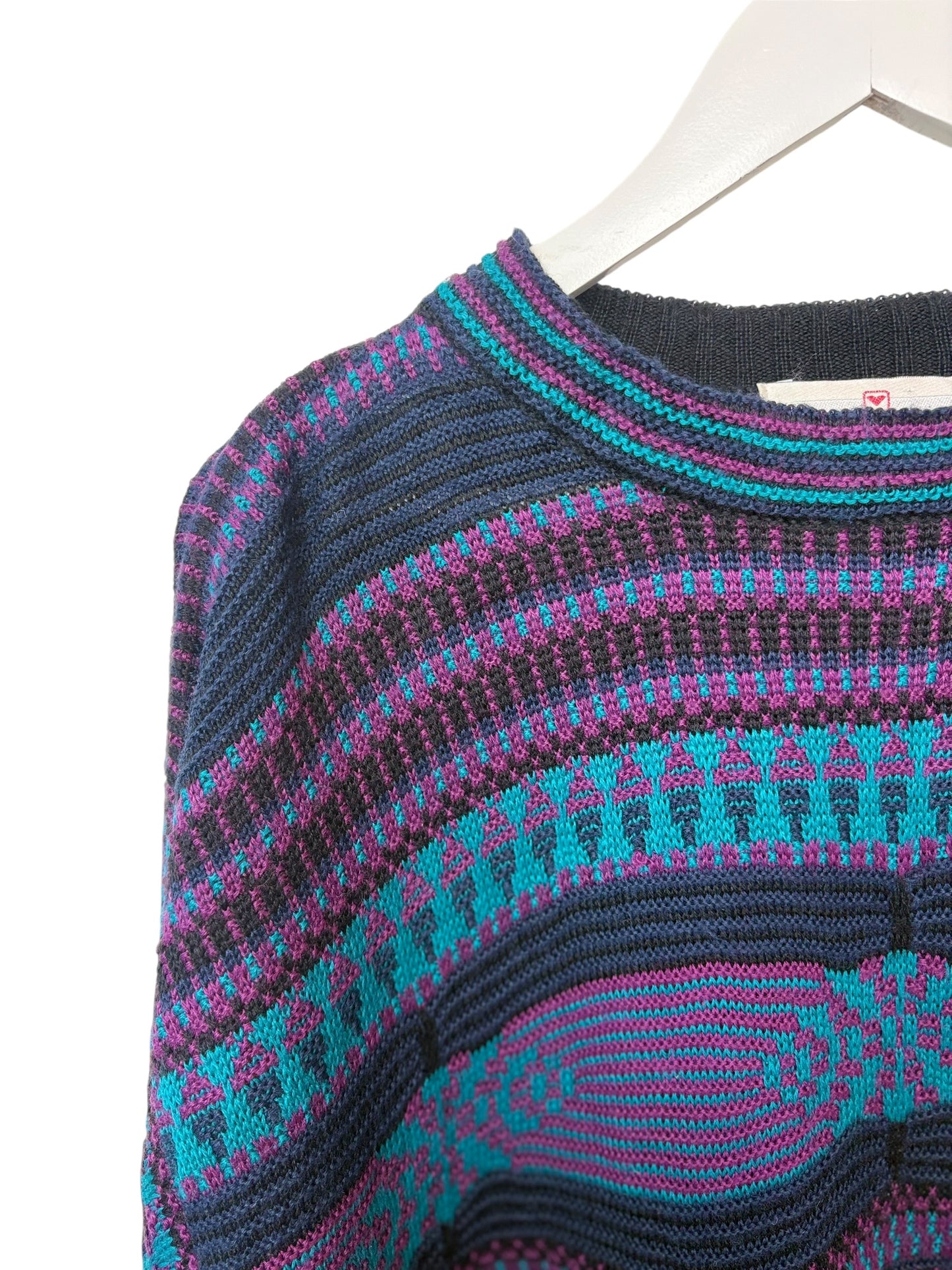Vintage 90s Obermeyer Sweater Purple Navy Aztec Geometric Knit Crewneck Size L