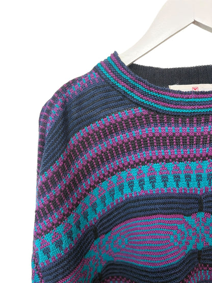 Vintage 90s Obermeyer Sweater Purple Navy Aztec Geometric Knit Crewneck Size L