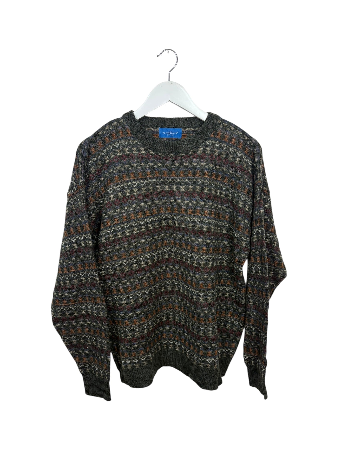 Towncraft 90s Unisex Grey Fair Isle Crewneck Knit Sweater Size M/L