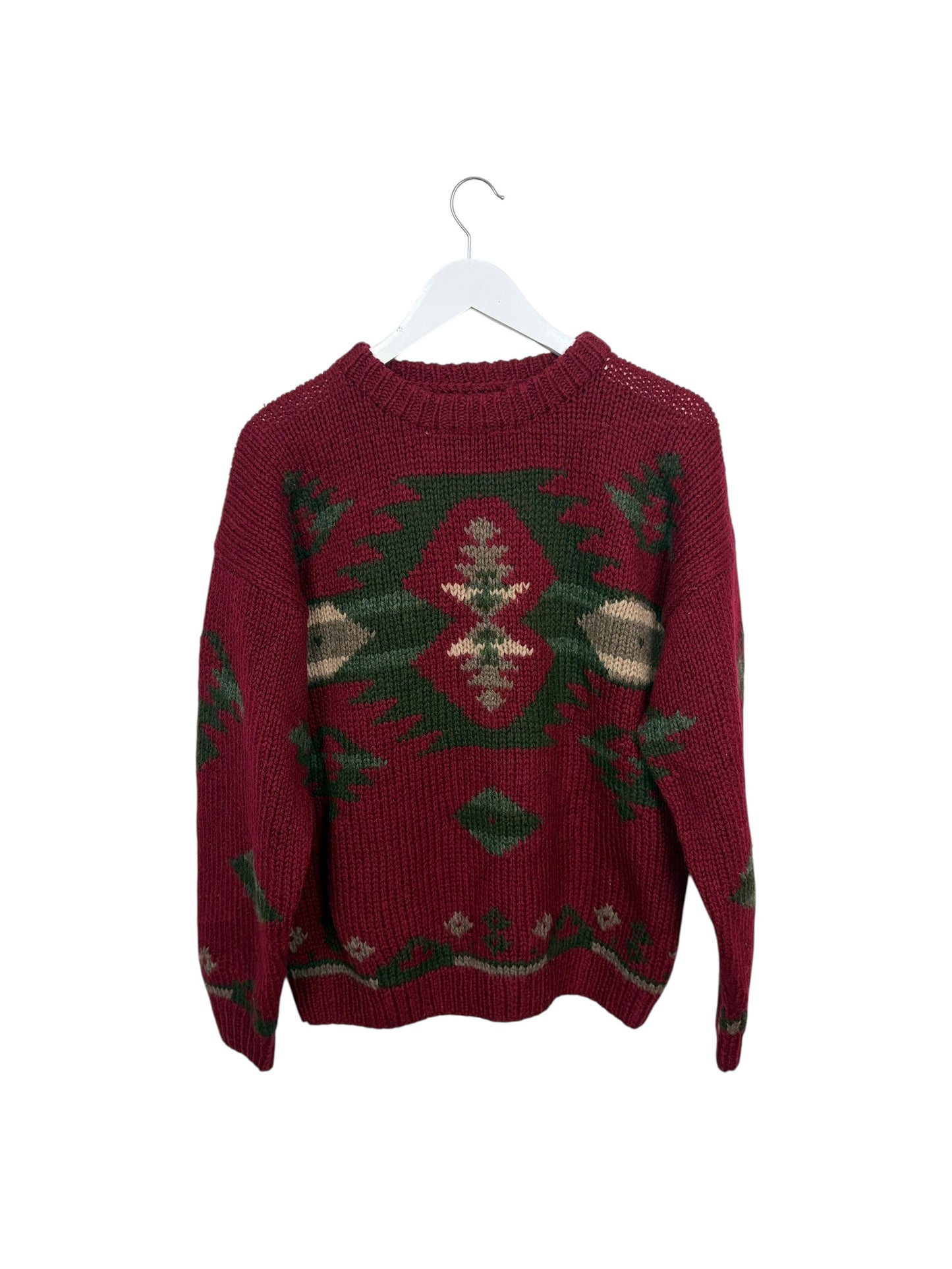 Vintage Eddie Bauer 90s Burgundy Aztec Thick Knit Sweater Size L