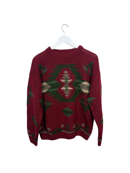 Vintage Eddie Bauer 90s Burgundy Aztec Thick Knit Sweater Size L