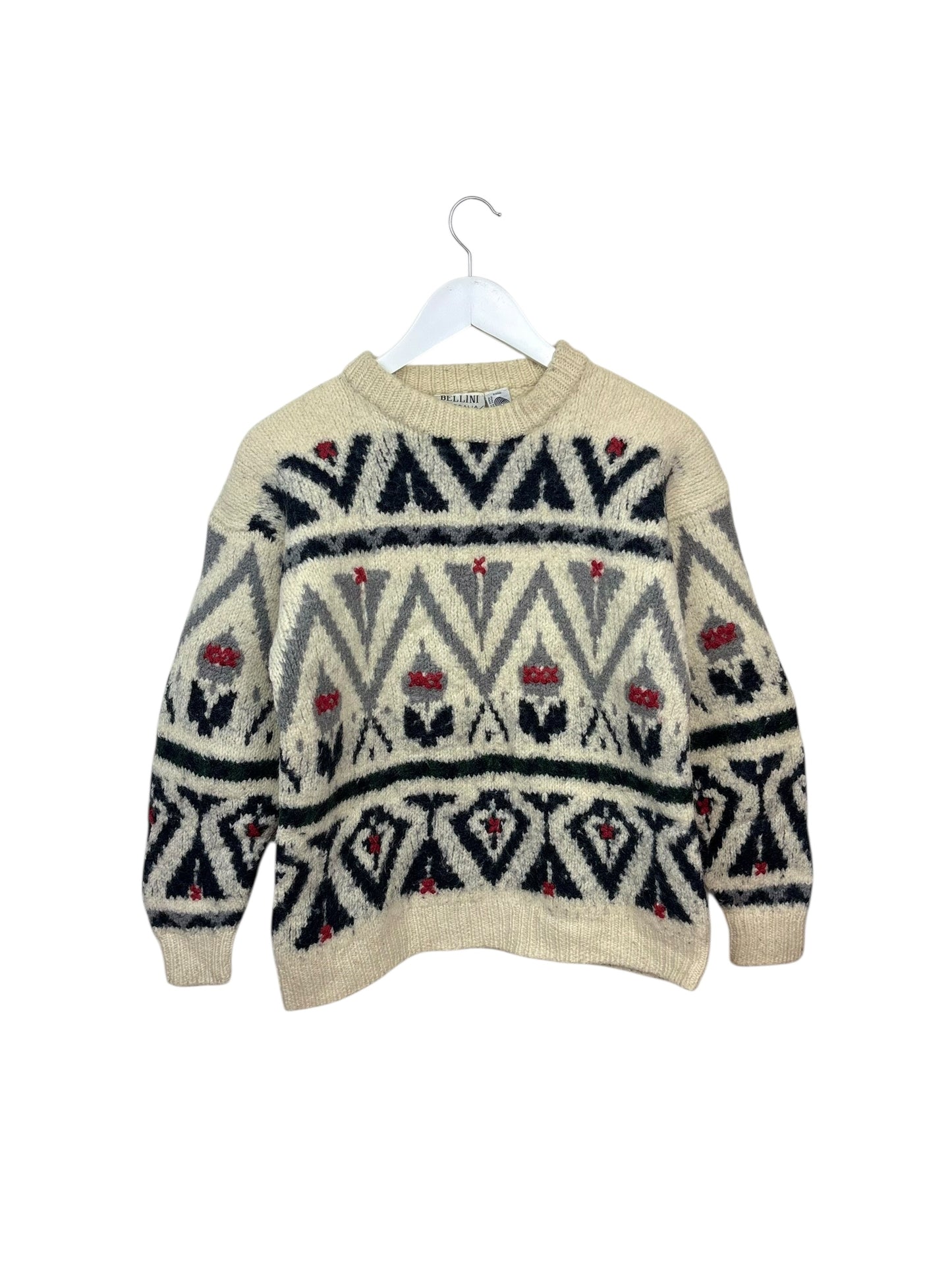 Vintage Bellini Australia Womens Cream Geometric Pattern Wool Crewneck Sweater M